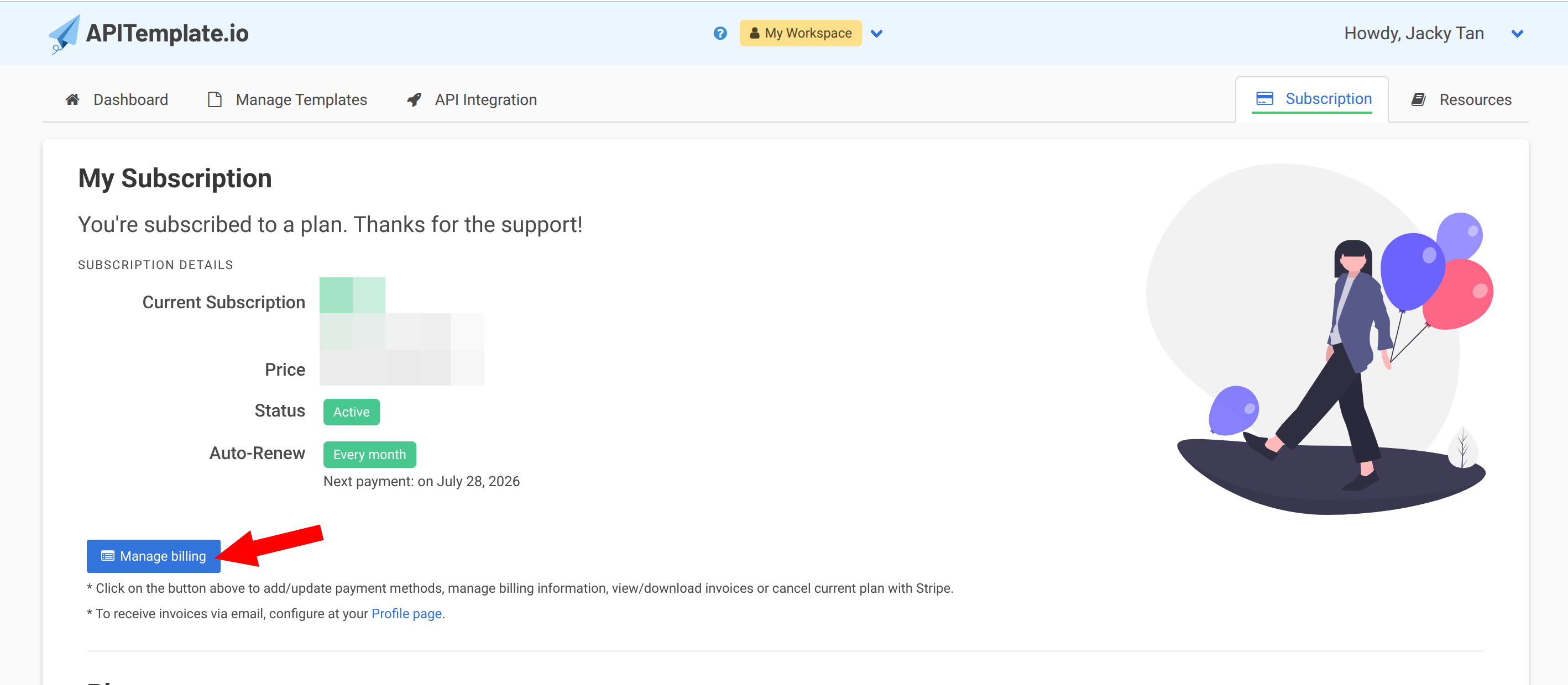 Clicking Manage Billing on the Subscription page