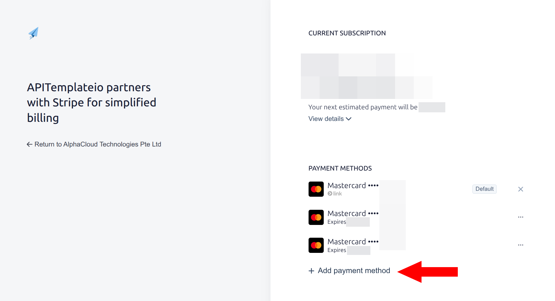 Adding a payment method on the Stripe billing page