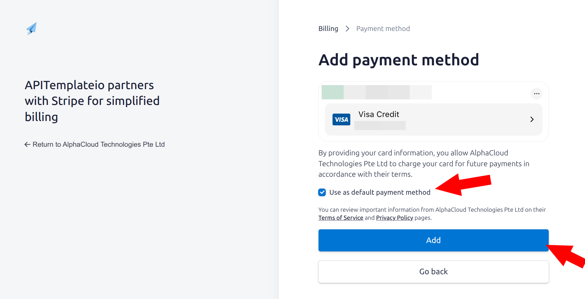 Setting the new credit card as the default payment method and clicking Add