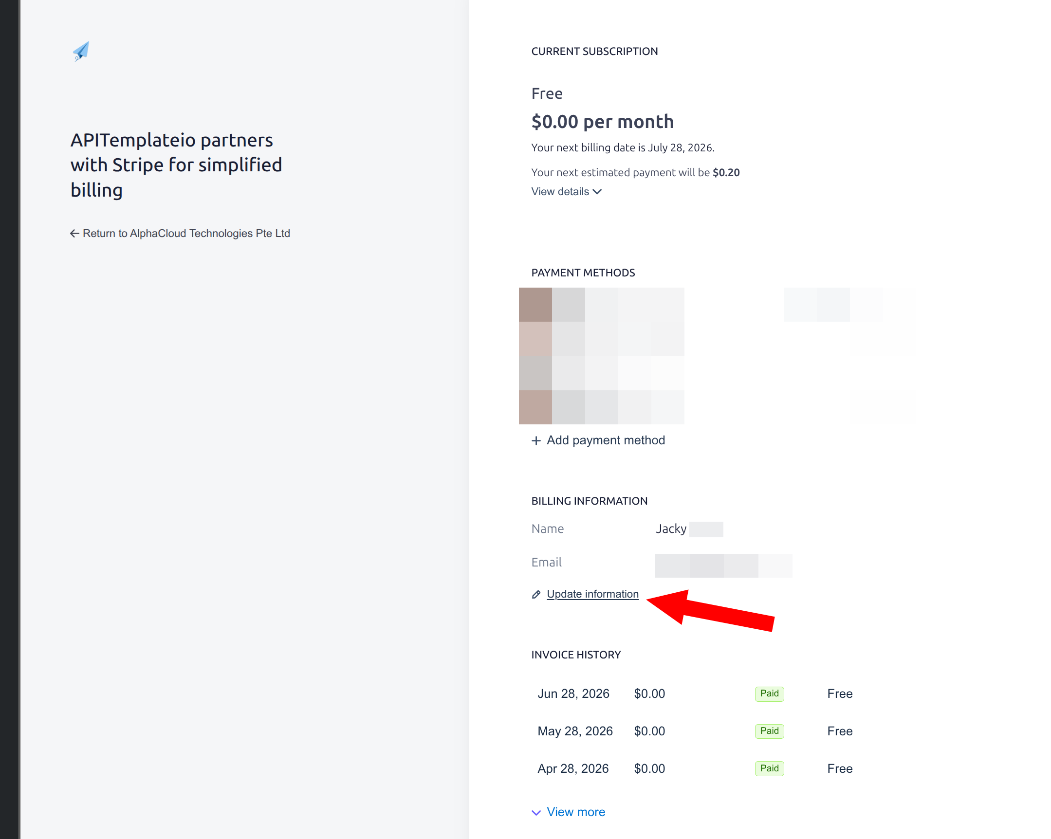 Clicking Update information under Billing information