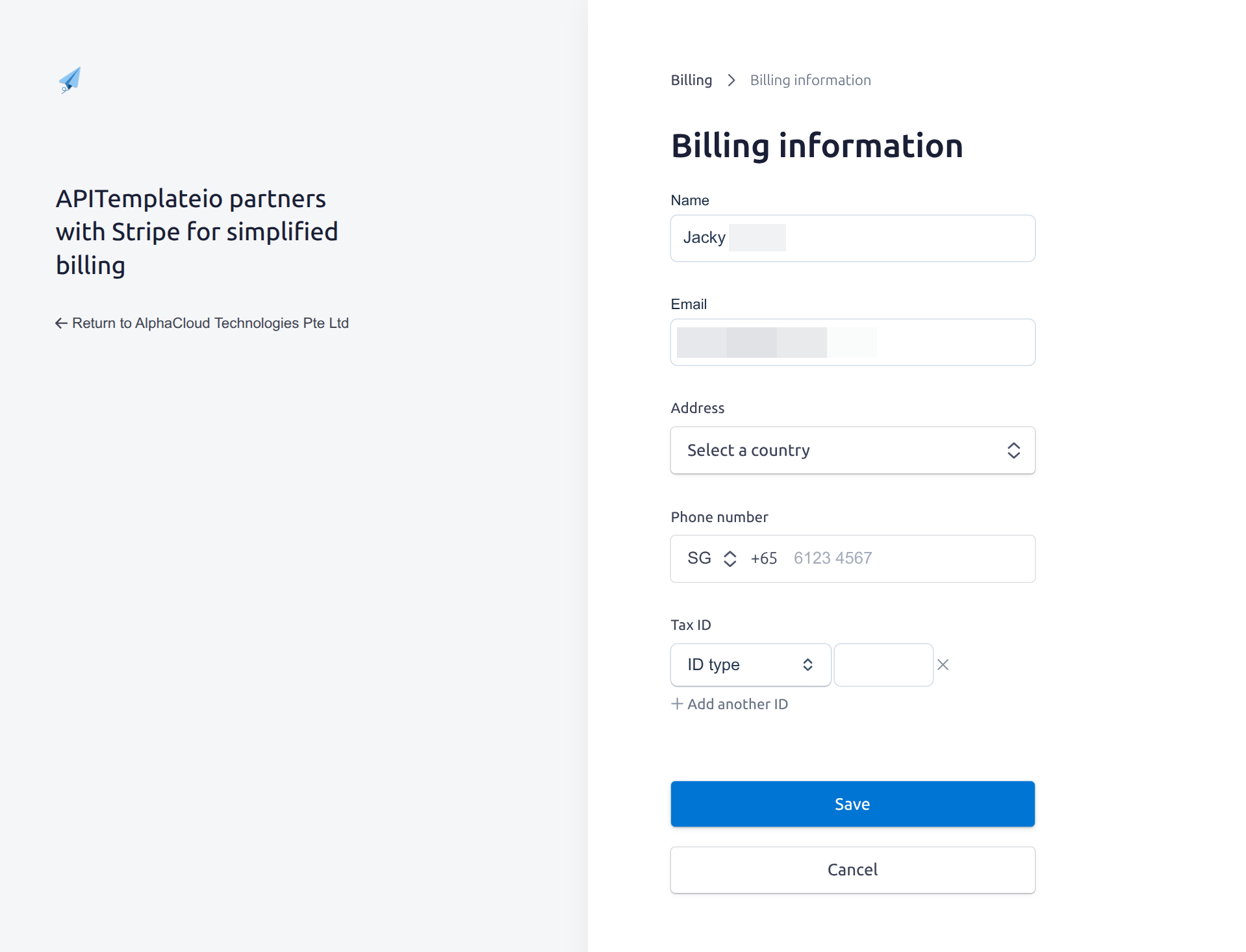 Updating the name, email address, billing address, phone number, and Tax ID