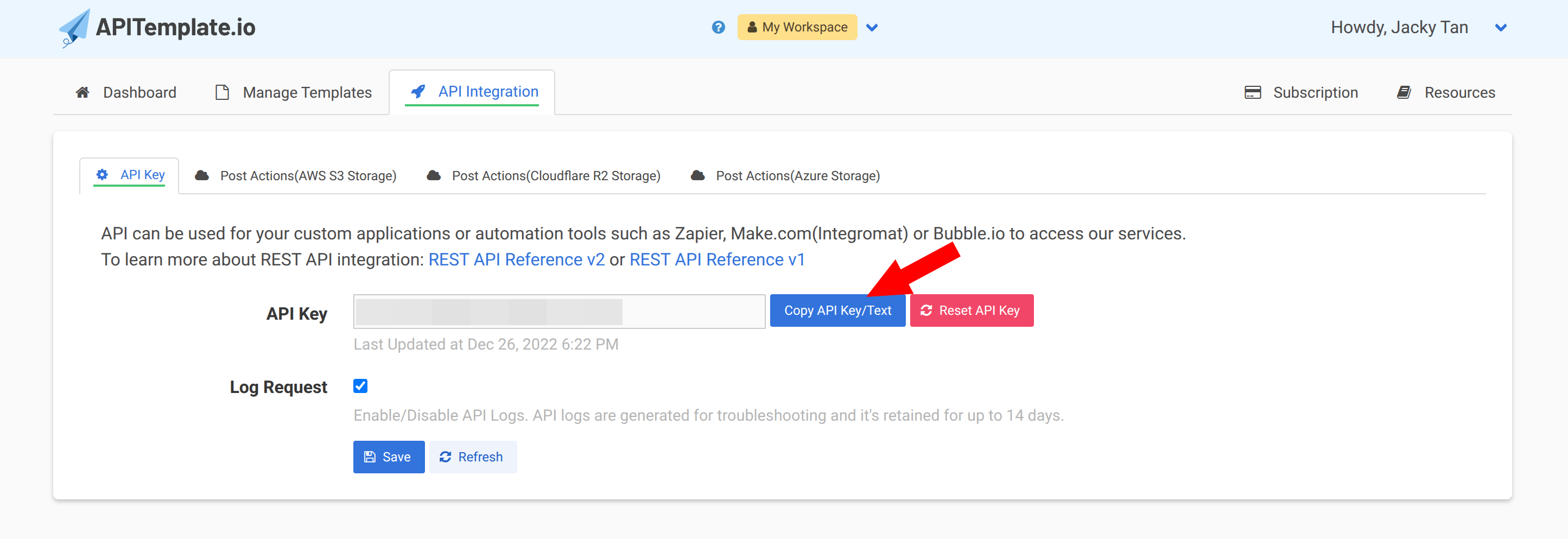 API Integration page showing the API Key section