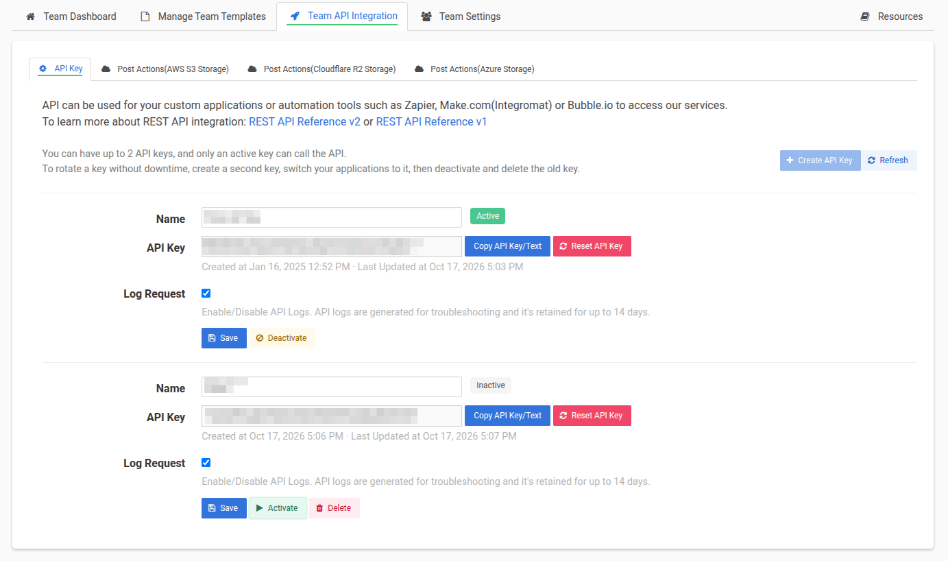 API Key tab with two keys, one active and one inactive