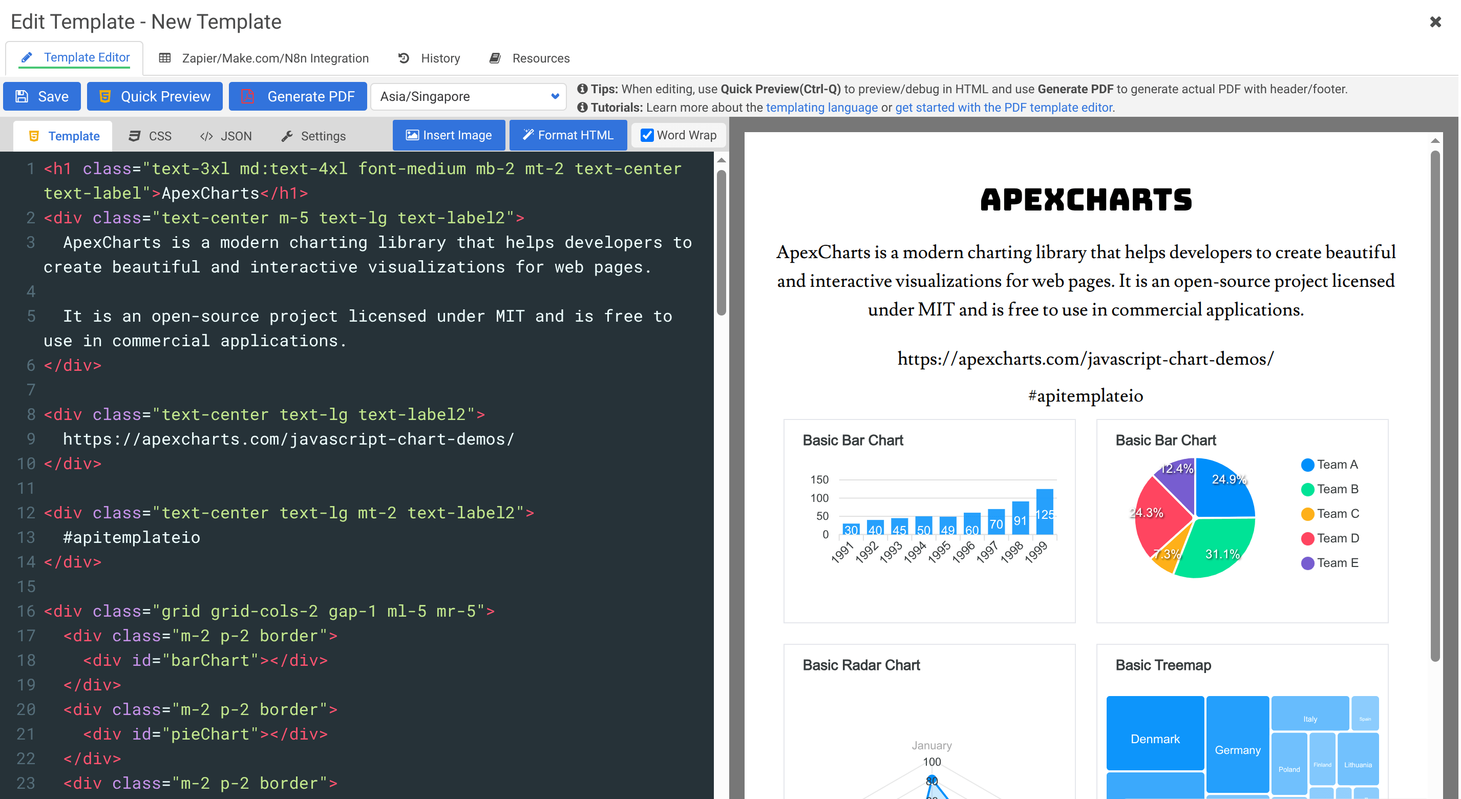 HTML Editor with code on the left and live PDF preview on the right