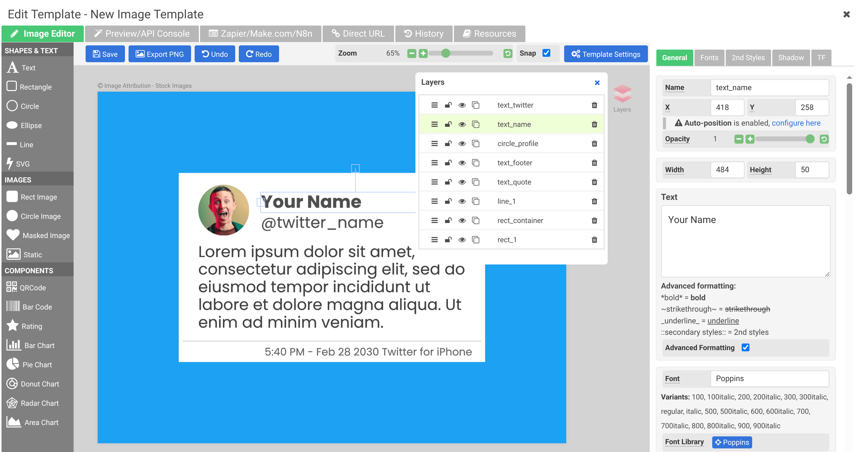 Image template editor with drag-and-drop canvas, layers panel, and property controls