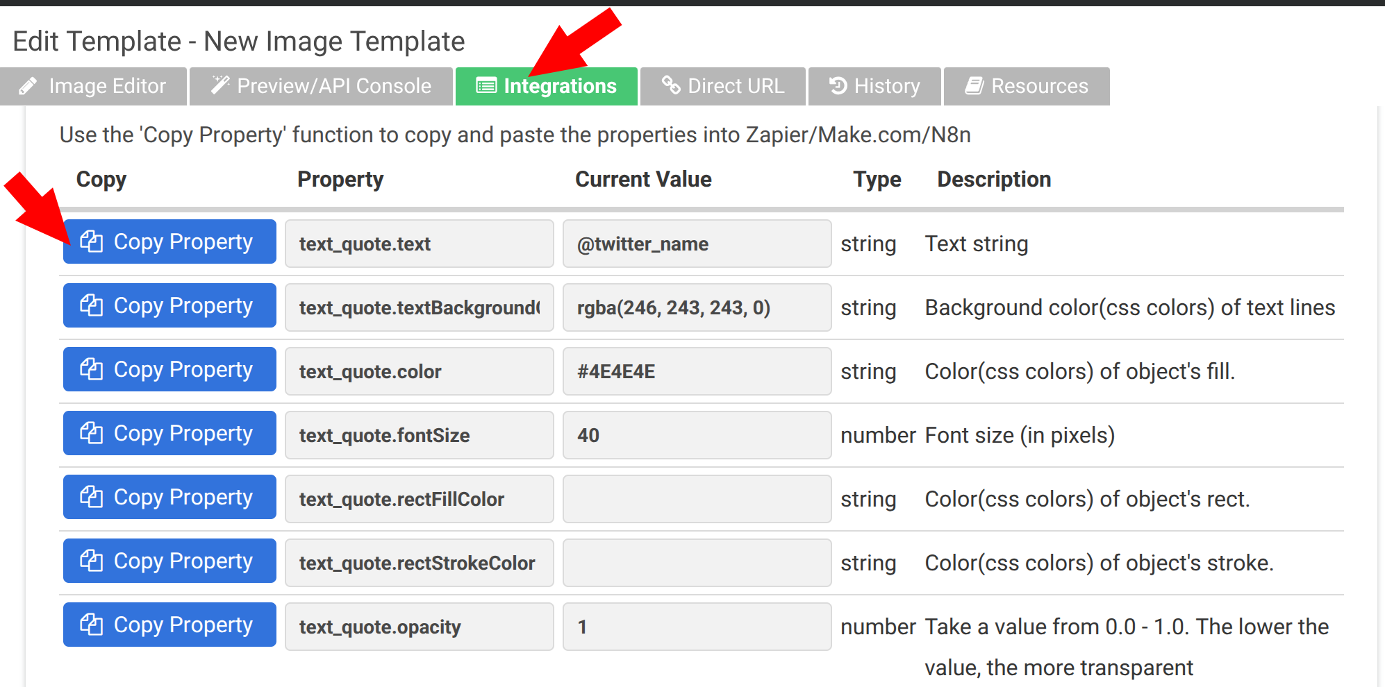 Copy property keys from the Zapier/Integromat/N8n tab