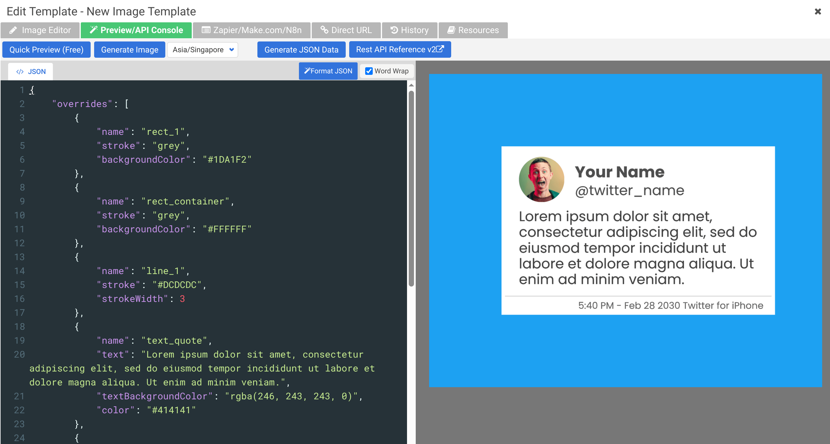 Preview/API Console with JSON editor on the left and live image preview on the right