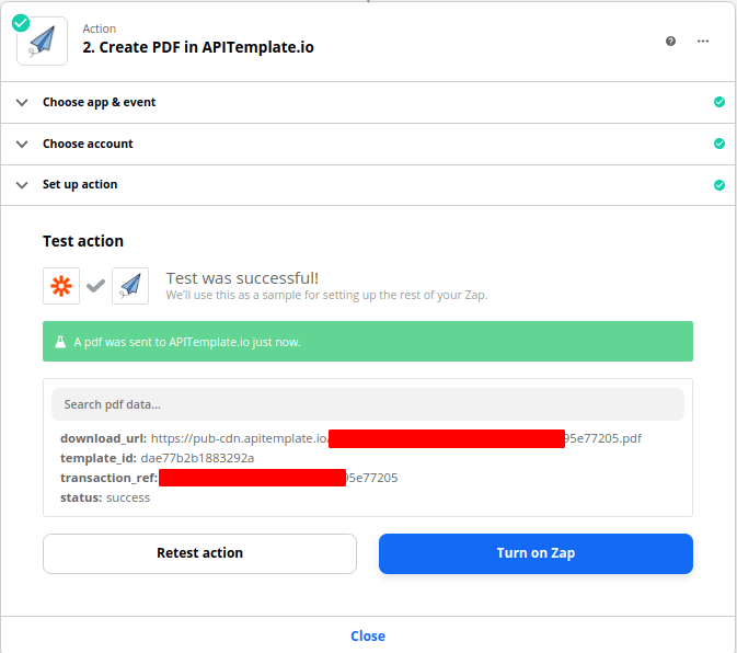 Zapier — test the PDF generation action