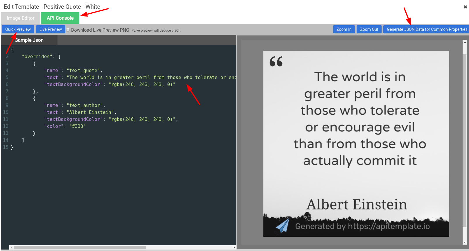 The API Console tab showing the generated JSON payload for a quote template