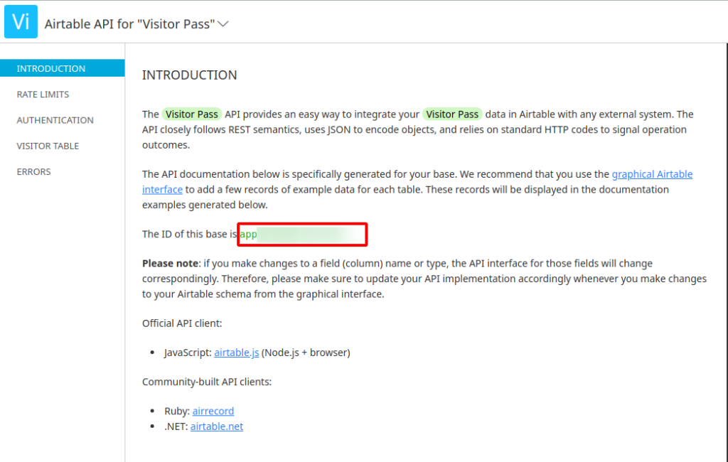 Finding the API base identifier in Airtable’s API documentation
