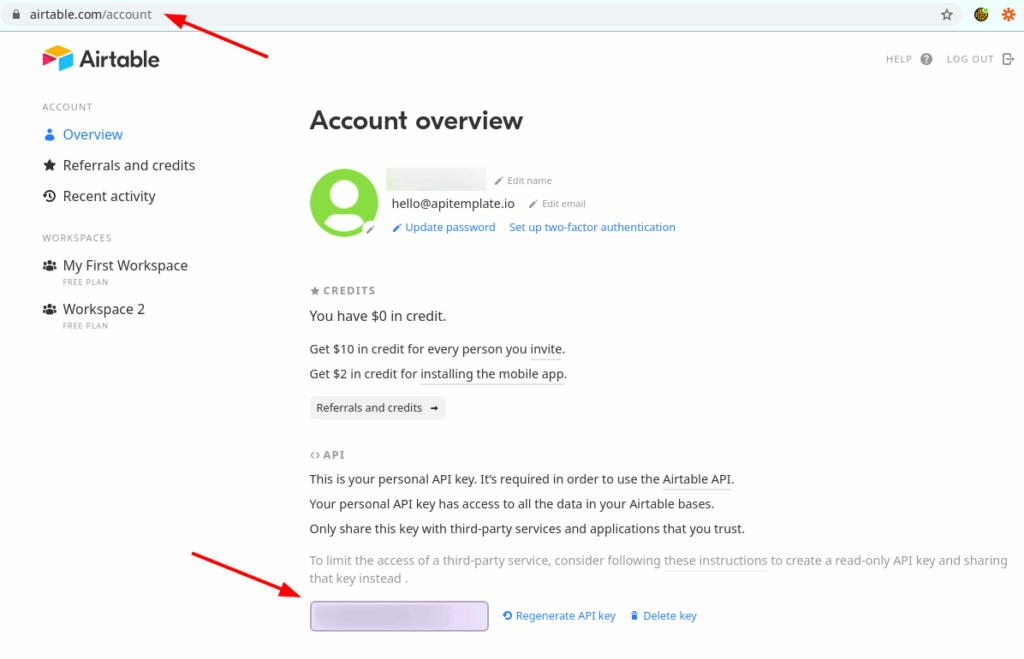 Finding the API key in an Airtable account