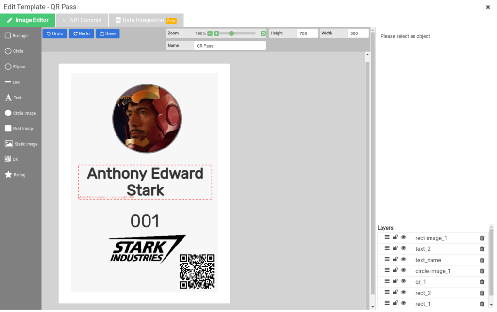 The APITemplate.io template editor with a template prepared for data-driven generation