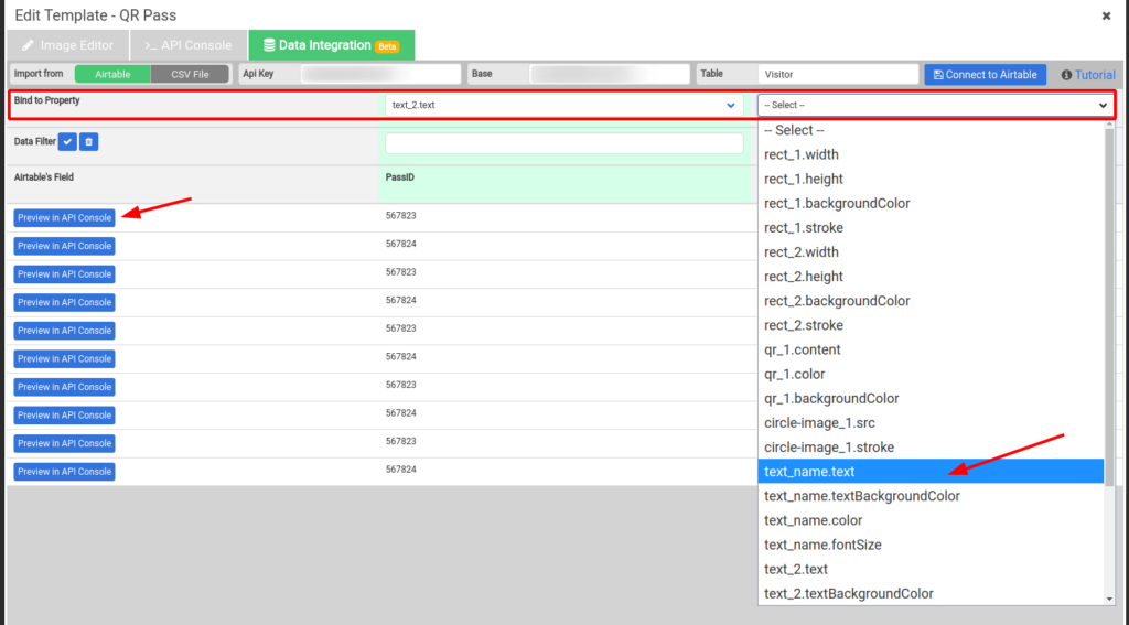 Binding Airtable columns to template properties