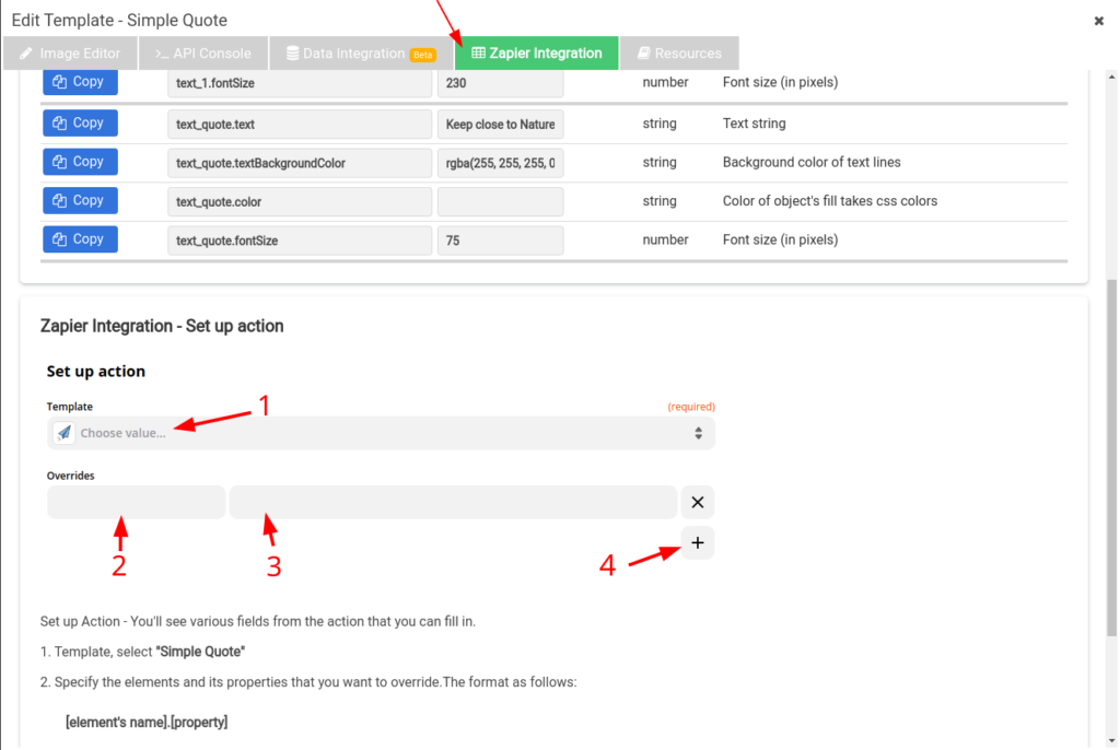 The Zapier Integration tab in the APITemplate.io image editor, listing the properties available to override