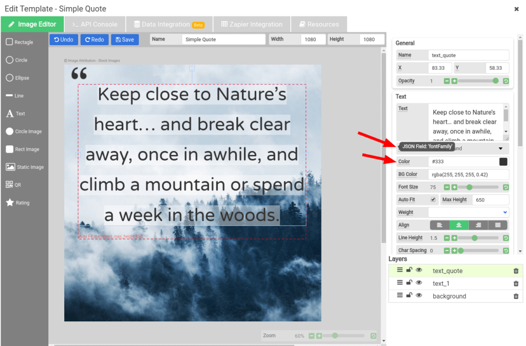 The APITemplate.io image editor showing a quote template ready to be automated