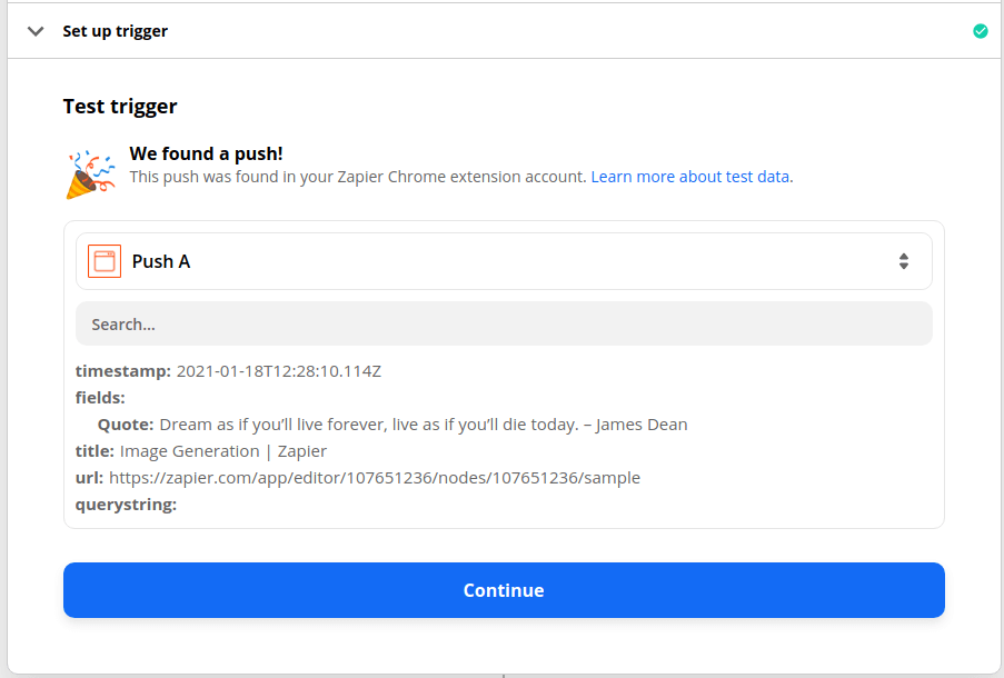 Testing the Zapier trigger and confirming it is ready