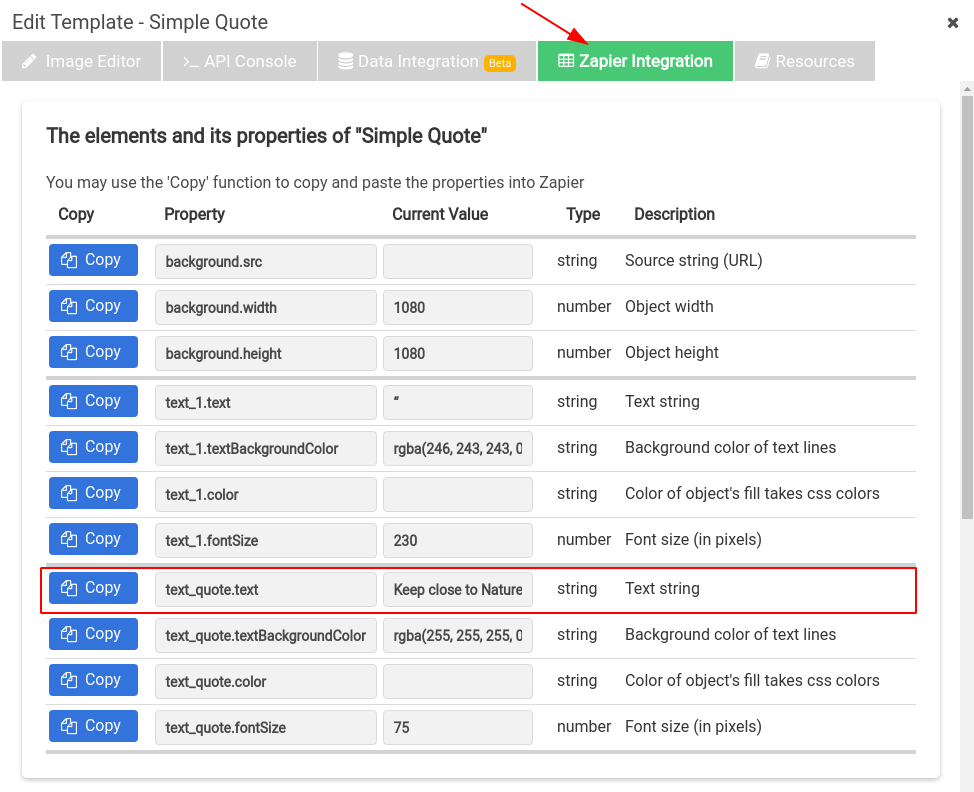 The list of overridable properties for a template in APITemplate.io