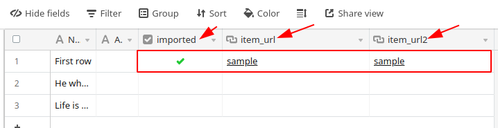 The required fields in the first row of an Airtable table