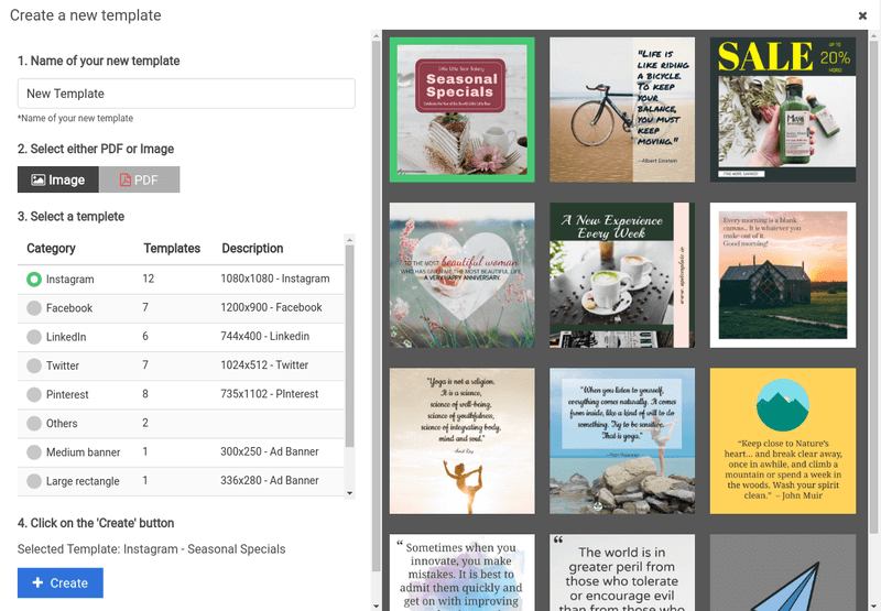 The Create a new template dialog in APITemplate.io, with categories for Instagram, Facebook, LinkedIn, Twitter, Pinterest and ad banner sizes