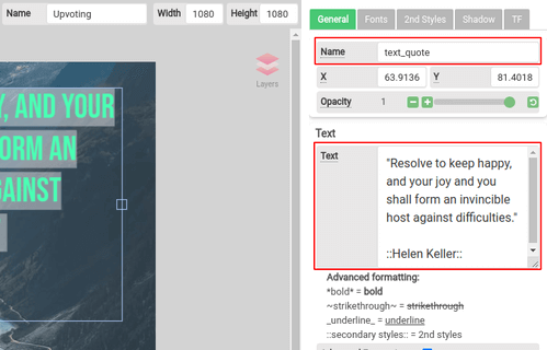 Renaming a text element to text_quote in the General tab of the APITemplate.io editor, with its Text field highlighted