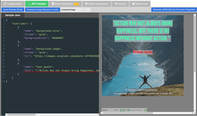 The API Console tab of the APITemplate.io editor, where overriding the text of text_quote renders a William James quote in the preview