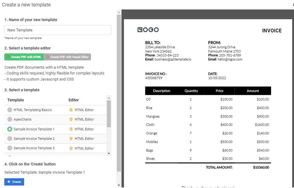 Create PDF invoice template APITemplate