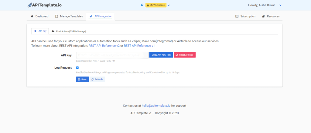 APITemplate manage templates page for PDF invoice creation