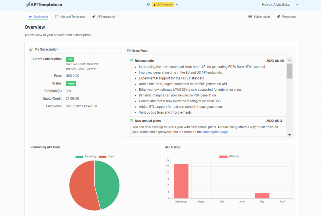 APITemplate dashboard showing account overview and usage