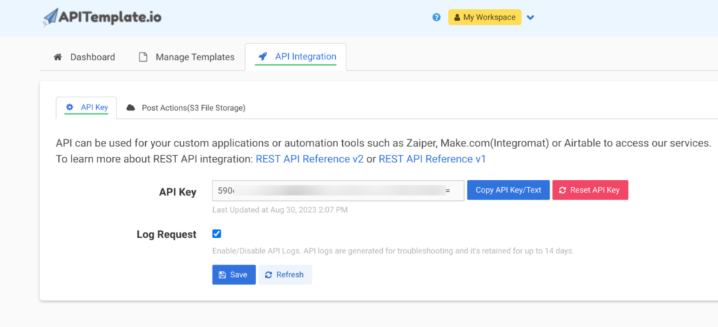 APITemplate API key integration page