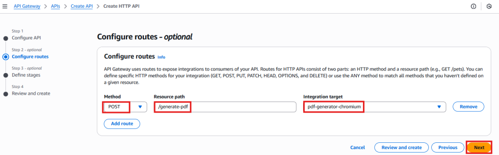The API Gateway console shows the POST /generate-pdf route configured with Lambda integration and the invoke URL.