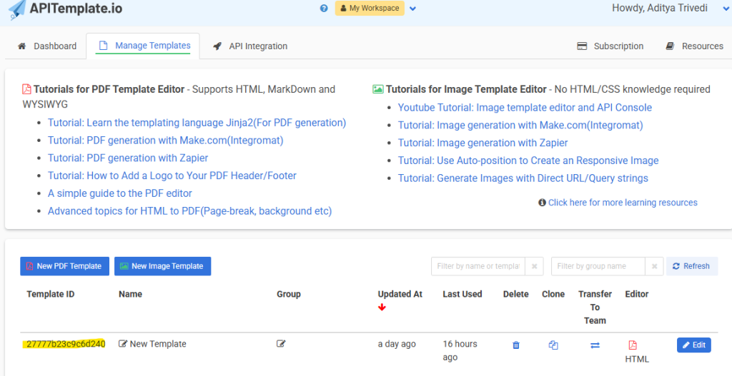 The Manage Templates page shows the template details section displaying the template ID.