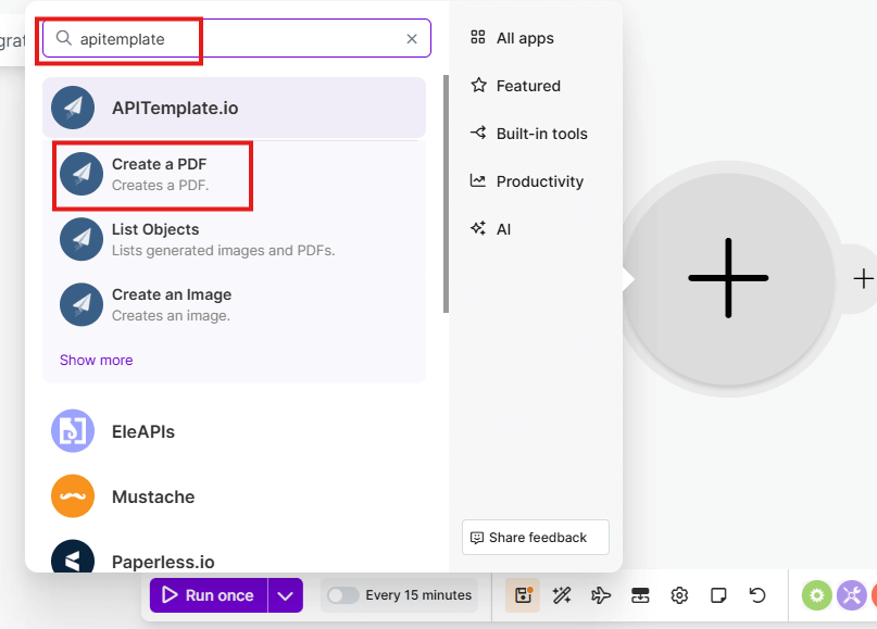 Click the plus icon to add another module, then search for APITemplate.io.